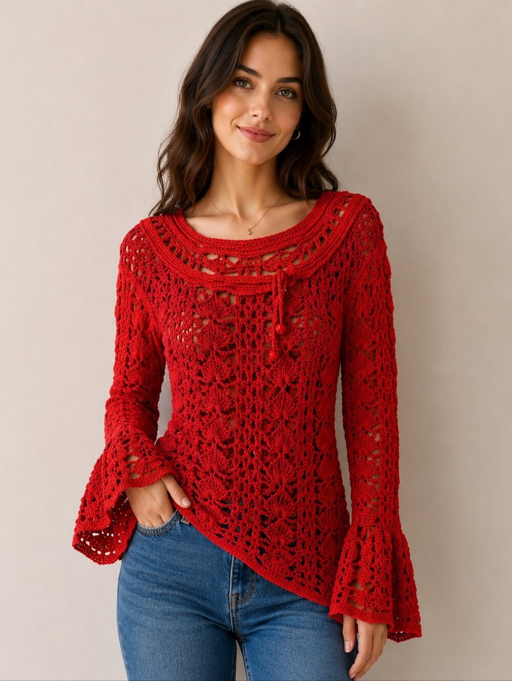 NWT Boho Embossed Crochet  Assymetrical Cover-Up/Tunic With Bell Bottom Sleeves
